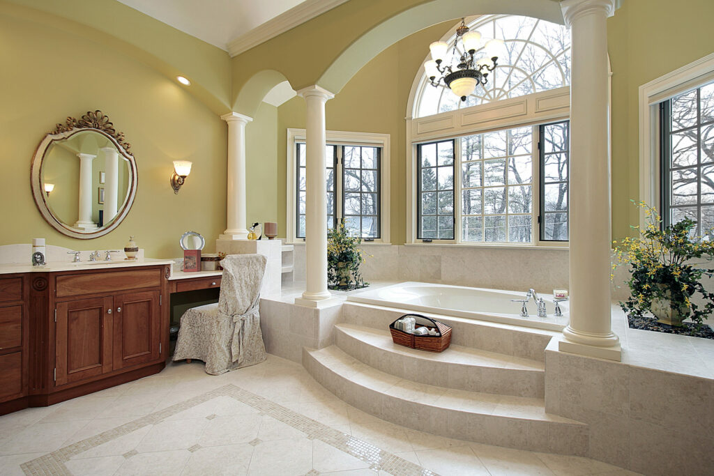 big bath tub and large windows